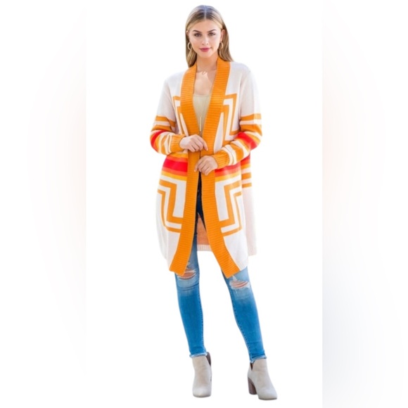 Harmony In Nature Sweaters - Cardigan open tribal pattern in cream, orange, gold | Size S —#040